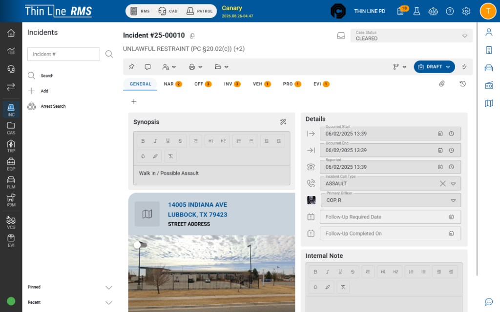 Thin Line RMS incident workspace with status, related work, people, and location