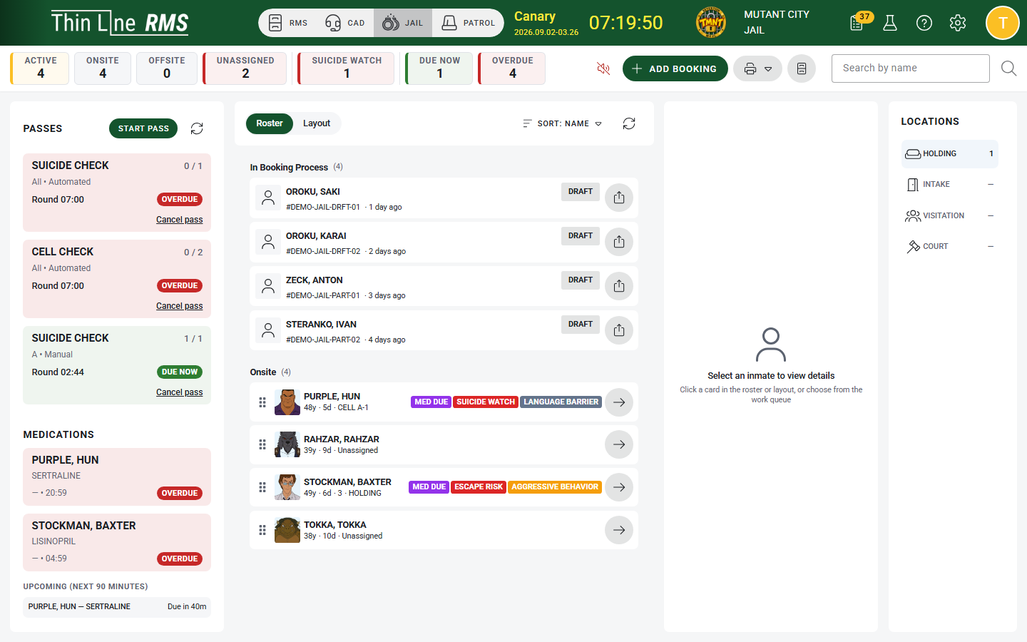 Thin Line Jail command view with roster, due work, and housing
